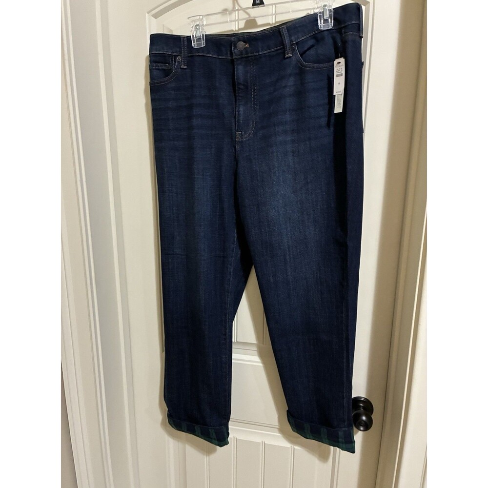 Talbots Dark Wash Straight Jeans with Green Navy Plaid Cuffs Size 14 NWT